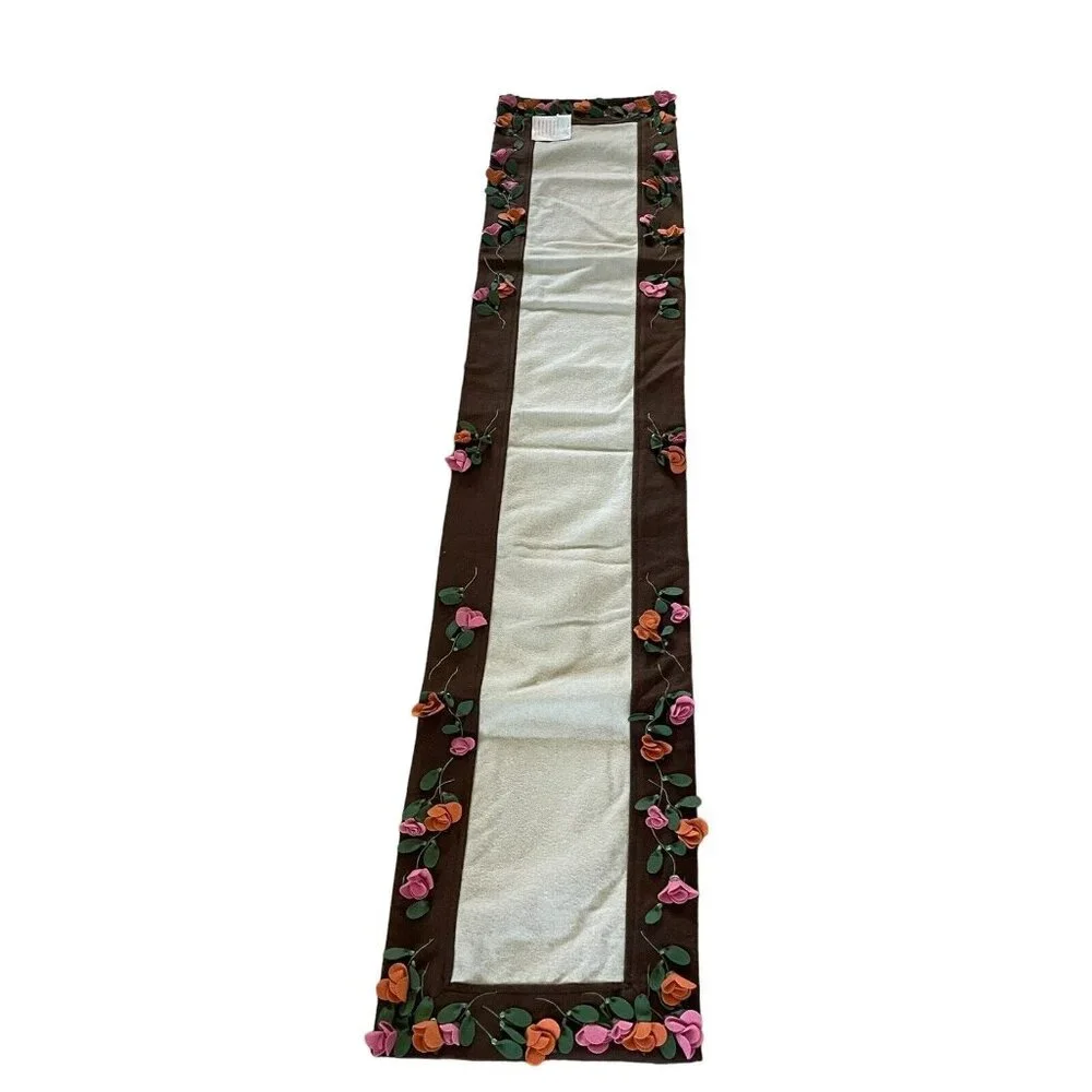 Pier 1 Imports Table Runner Jardinia 14” X 69” 3D Fabric Flowers Brown Tan‎ Wool